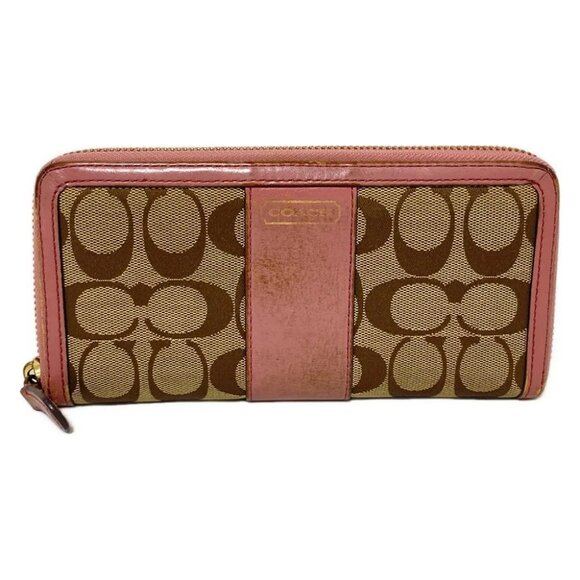 Auth COACH Signature - Khaki Pink Jacquard Leather Long Wallet - Picture 5 of 14